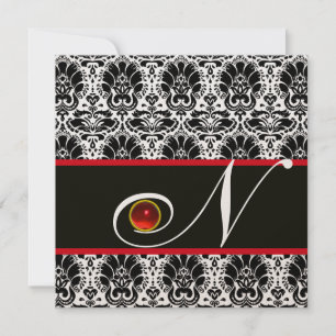 BLACK WHITE RED GULD DAMASK MONOGRAM Ruby Inbjudningar