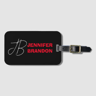 Black White Red Handskrift Monogram Add Namn Bagagebricka