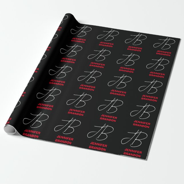 Black White Red Handskrift Monogram Add Namn Presentpapper (Utrullad)