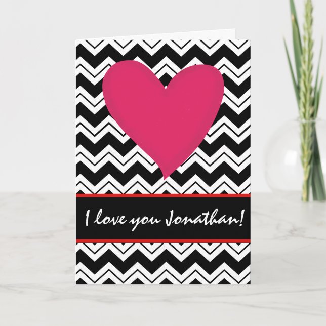 Black White Red Heart Namn Personlig Valentine Helgkort (Framsida)