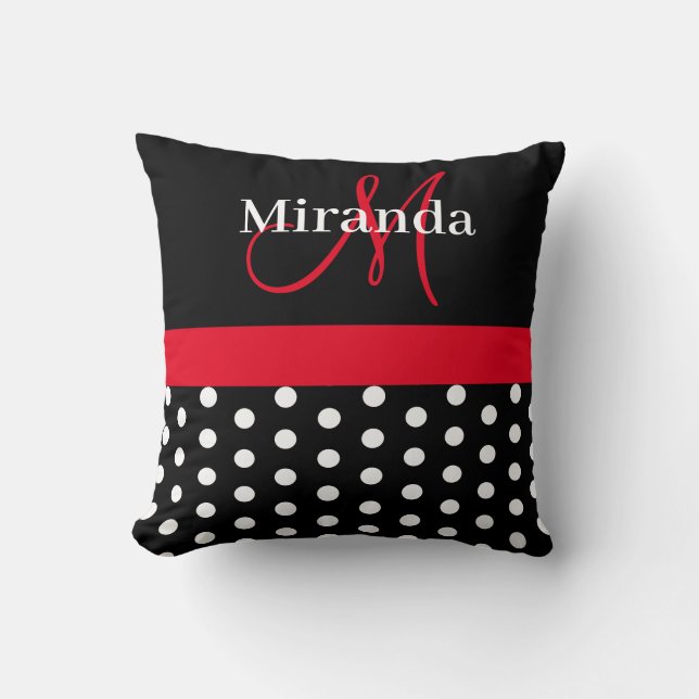 Black White Red Monogram Script Polka dots Kudde (Framsida)