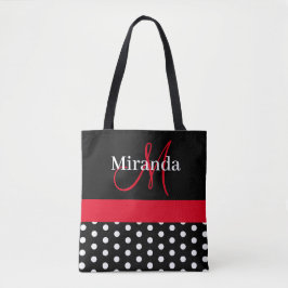Black White Red Monogram Script Polka dots Tygkasse