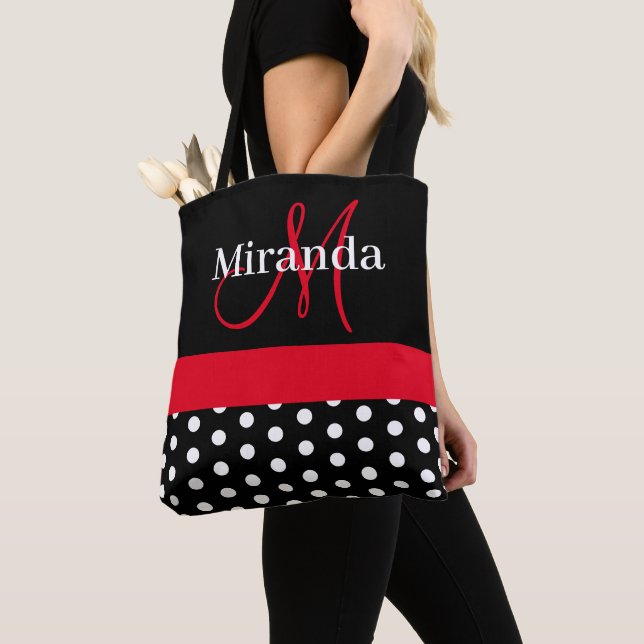 Black White Red Monogram Script Polka dots Tygkasse (Närbild)