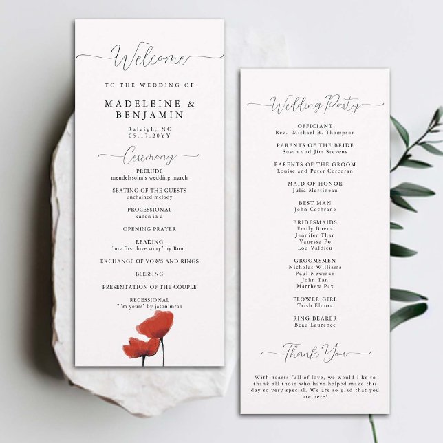 Black White Red Poppies Elegant bröllop (wildflower poppies summer wedding ceremony program elegant art modern classic formal traditional)