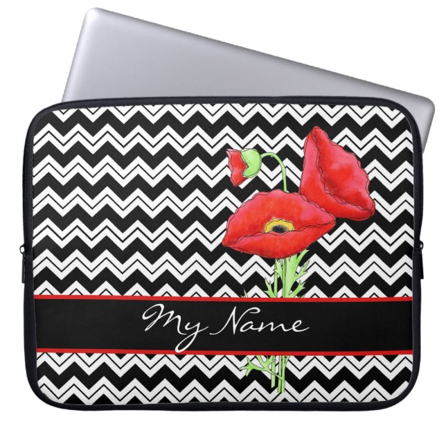 Black & White Red Poppy Zizzag Chevron Anpassad Laptop Sleeve (Framsidan)