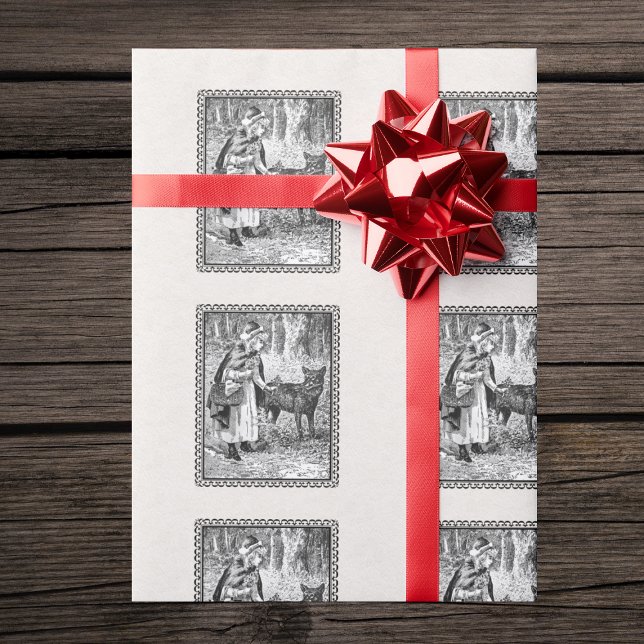 Black White Red Riding Huva Varg Black Ram Presentpapper (Vintage Red Riding Hood wolf in forest in black frame on textured look white gift wrap paper.)