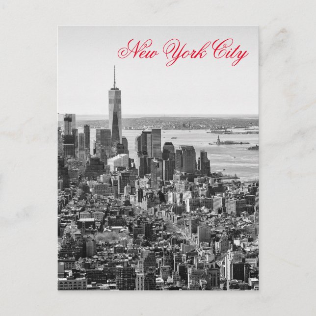 Black White Red Script New York City Manhattan Vykort (Framsida)
