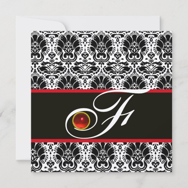 BLACK WHITE RED SILVER DAMASK MONOGRAM Ruby Inbjudningar (Framsida)