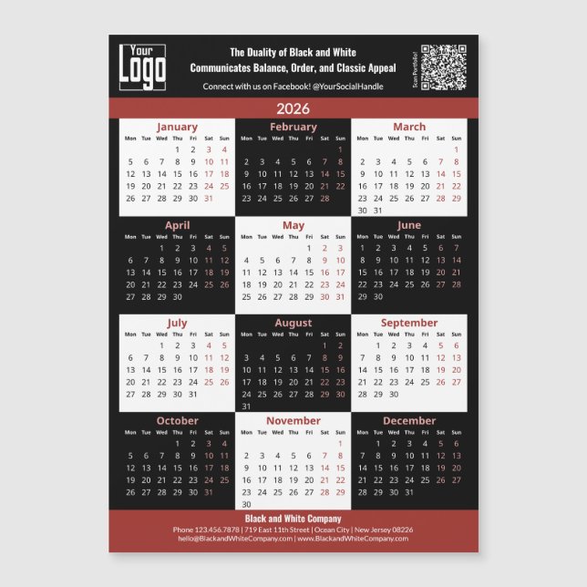 Black, White, Red Your Logo 2026 Calendar Magnet (Framsida)