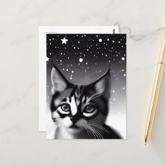 Black & White Retro Stars Kitten Vykort