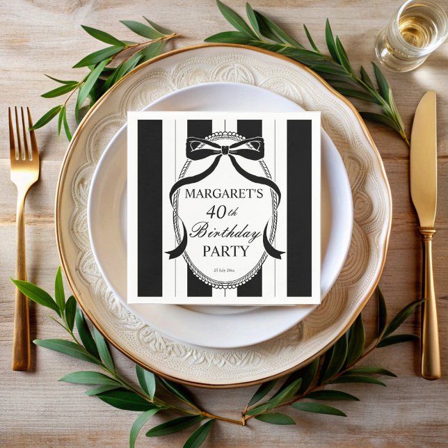Black white retro stripes bow birthday monogrammed pappersservett (Black white retro stripes bow border adults birthday party elegant monogrammed printed napkins)