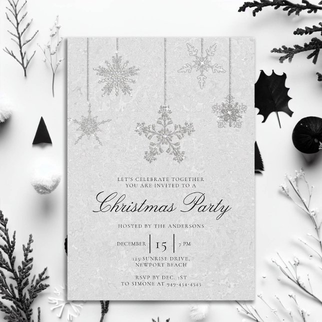 Black White Rhinestone Snowflake Glitter jul Inbjudningar (rhinestones glitter christmas party invitation elegant black and white modern minimalist classy chic)