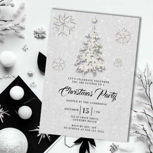 Black White Rhinestone Winter Wonderland jul Inbjudningar (elegant christmas party invite glitter rhinestones tree snowflakes winter wonderland black white)