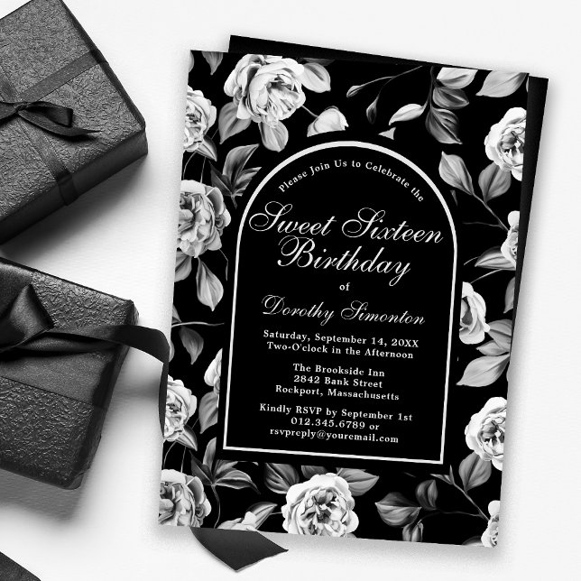 Black White Ro Blommigt Arch Sweet sixteen Inbjudningar (Skapare uppladdad)