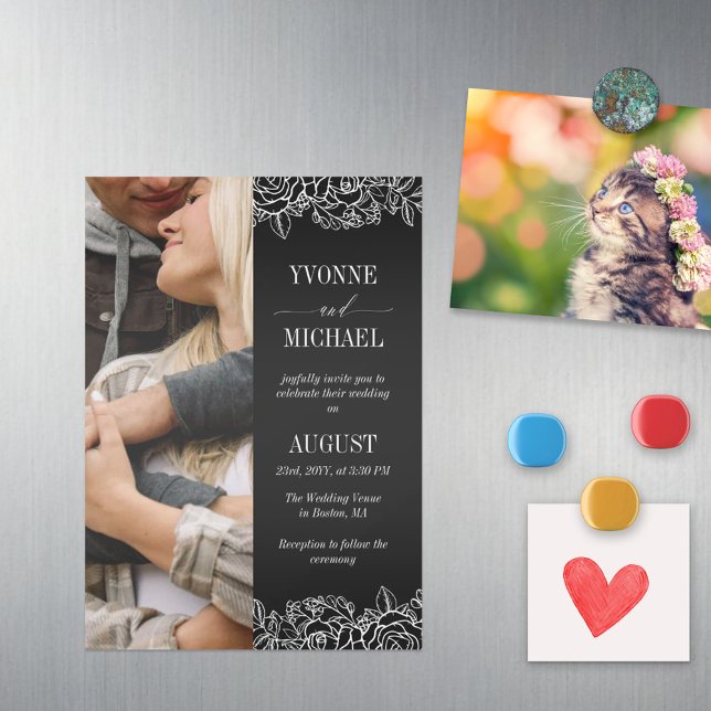 Black White Ro konturer Photo Bröllop Magnetisk Inbjudningskort (Skapare uppladdad)