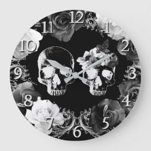 Black White Ro Skeleton Skull Gothic Glam Clock Stor Klocka