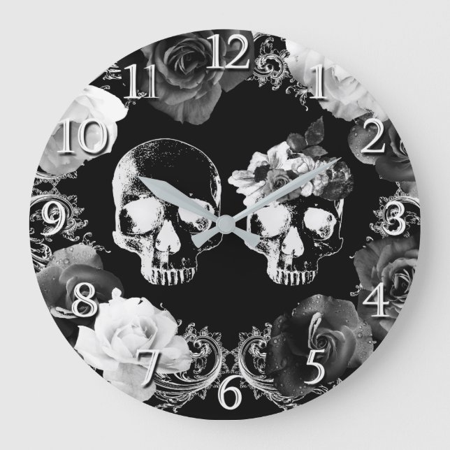 Black White Ro Skeleton Skull Gothic Glam Clock Stor Klocka (Framsida)