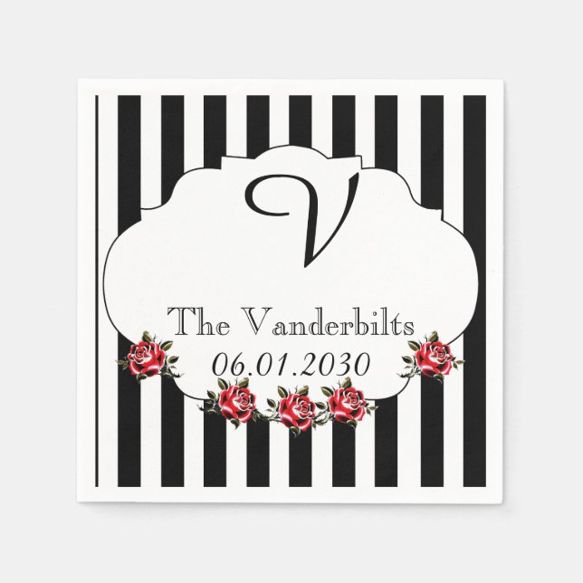 Black White Röd ros Monogram Bröllop Pappersservett (Framsidan)