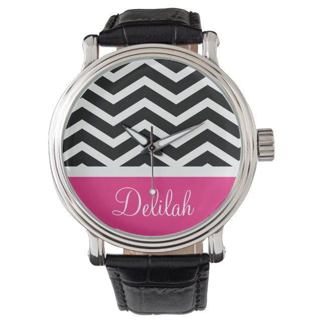 Black White Rosa Chevron Anpassningsbar Armbandsur (Framsida)