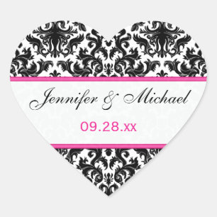 Black White Rosa Damask 1,5-tums Bröllop-sticker Hjärtformat Klistermärke
