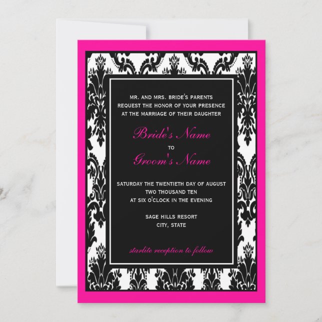Black White Rosa Damask Wedding Inbjudningar (Framsida)