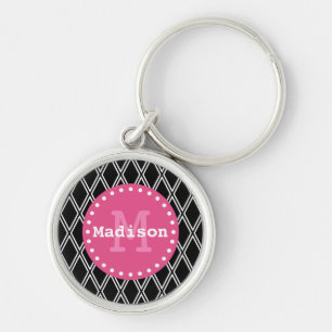 Black White Rosa Diamond Mönster Monogram Rund Silverfärgad Nyckelring