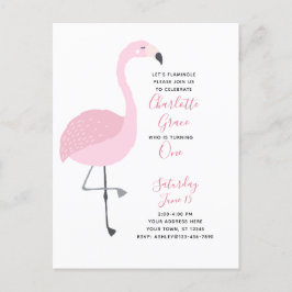 Black White Rosa Flamingo Girl 1st Birthday Party Inbjudan Vykort