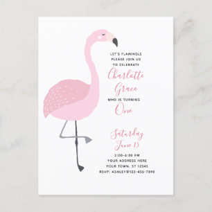 Black White Rosa Flamingo Girl 1st Birthday Party Inbjudan Vykort