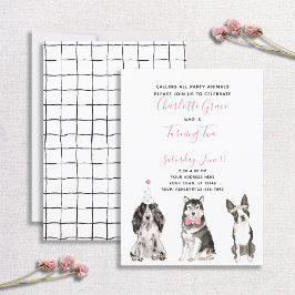 Black White Rosa Hund Girl Girl's 2nd Birthday Par Inbjudningar