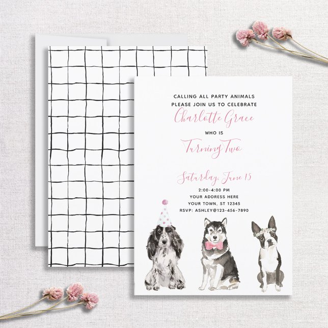Black White Rosa Hund Girl Girl's 2nd Birthday Par Inbjudningar (Skapare uppladdad)