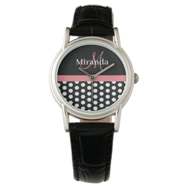 Black White Rosa Monogram Polka Dot Armbandsur (Framsida)
