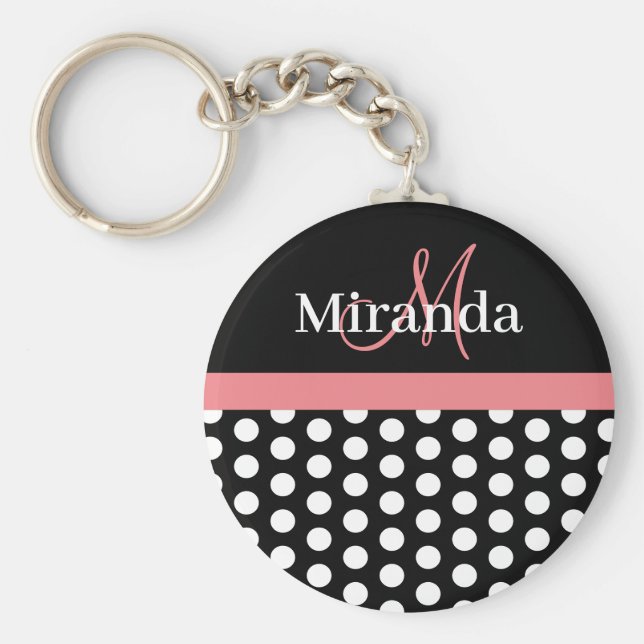Black White Rosa Monogram Polka Dot Nyckelring (Framsidan)