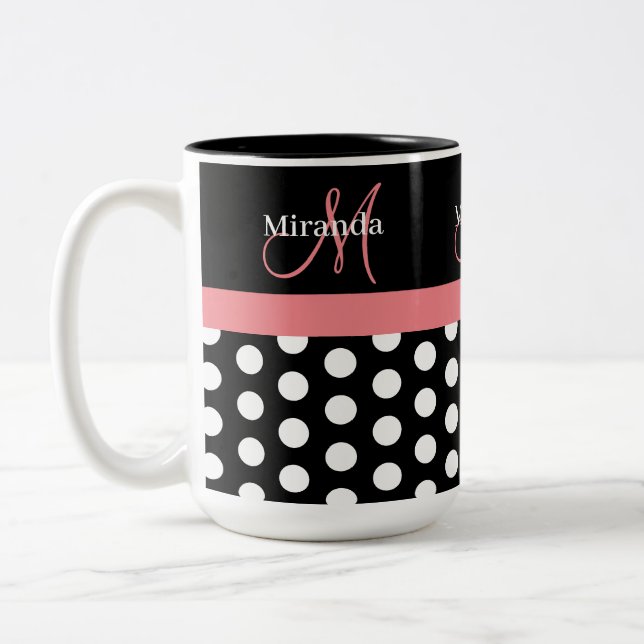 Black White Rosa Monogram Polka Dot Två-Tonad Mugg (Vänster)
