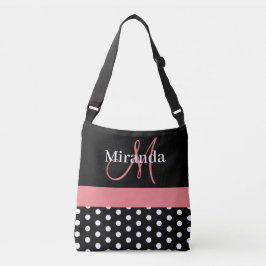 Black White Rosa Monogram Script Polka dots Tote B Axelväska