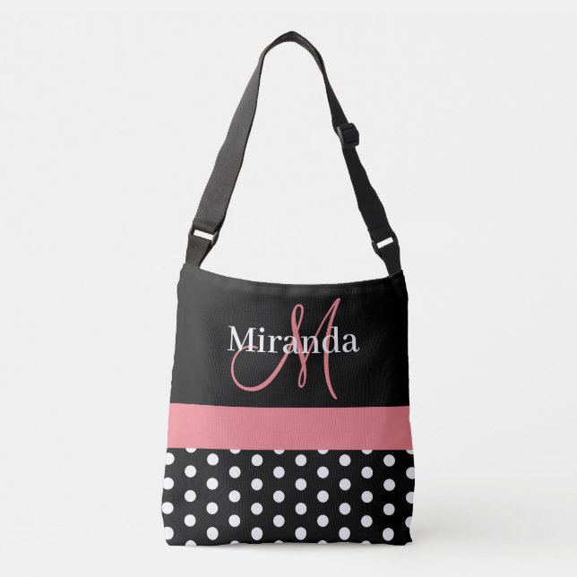 Black White Rosa Monogram Script Polka dots Tote B Axelväska (Framsida)