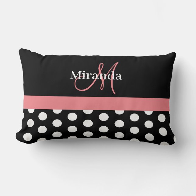 Black White Rosa Monogram Script Polka Lumbarkudde (Framsida)