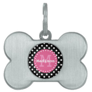 Black White Rosa Polka dots Monogram ID-bricka Husdjur