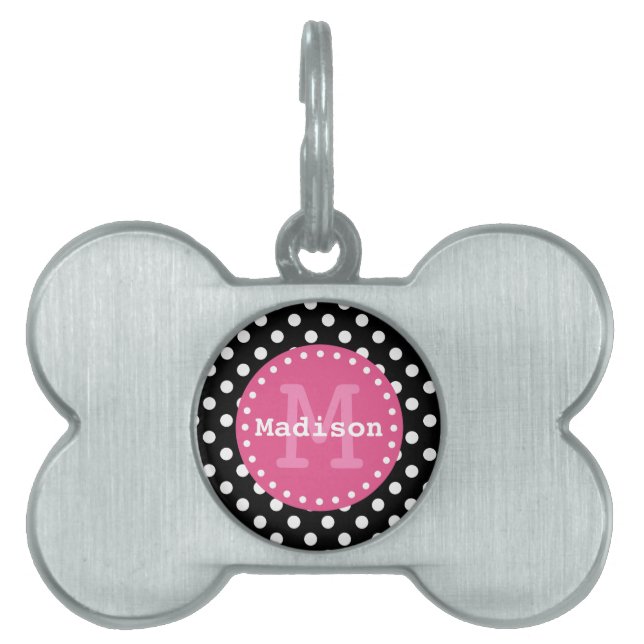 Black White Rosa Polka dots Monogram ID-bricka Husdjur (Framsidan)