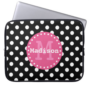 Black White Rosa Polka dots Monogram Laptop Sleeve