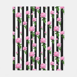 Black White Rosa ros Flower Rand Linjer Fleecefilt