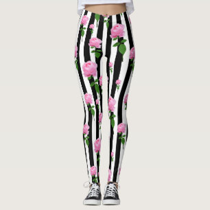 Black White Rosa ros Flower Rand Linjer Leggings