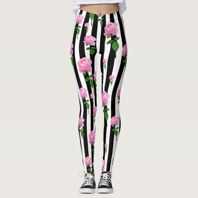 Black White Rosa ros Flower Rand Linjer Leggings (Framsida)