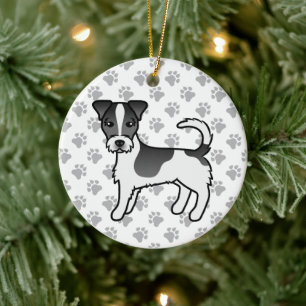 Black & White Rough Jackar Jack Russell Terrier Hu Julgransprydnad Keramik