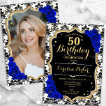 Black White Royal Blue Photo 50:e födelsedagen Inbjudningar<br><div class="desc">Femininininbjudan till elegantens blommigt på 50 års födelsedag med ditt foto på baksidan av kortet. Glam svartvit royal blå design med faux glitter guld. Innehåller svartvit dämpningsmönster, safierblått ro, skriptteckensnitt och konetti. Perfekt för en snyggt vuxen under firande party. Anpassa med dina egna detaljer. Kan anpassas för vilken ålder som...</div>