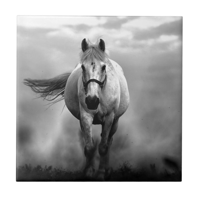 Black White Running Horse Freedom Kakelplatta (Framsidan)