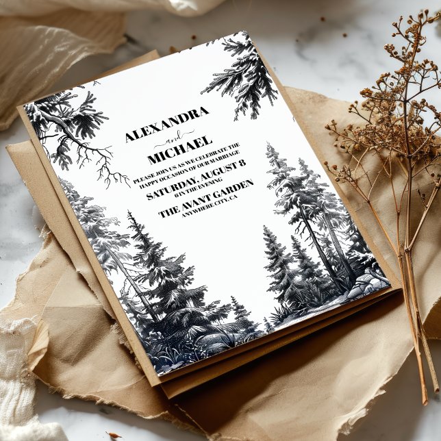 Black White Rustic Mountain Forest Bröllop Inbjudningar (Skapare uppladdad)