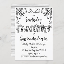 Black White Rustic Wood Blommigt Birthday Inbjudningar