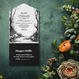 Black White Rustic Woodland Äventyr Baby Shower