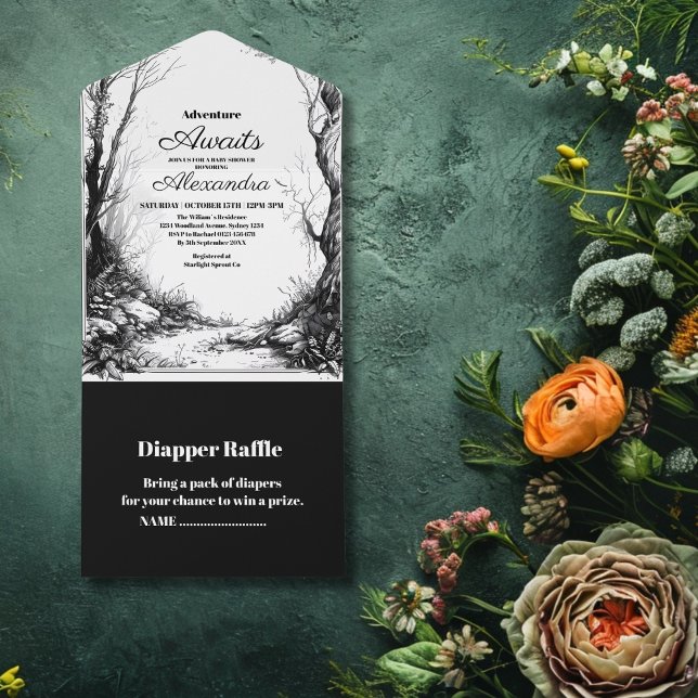 Black White Rustic Woodland Äventyr Baby Shower (Skapare uppladdad)
