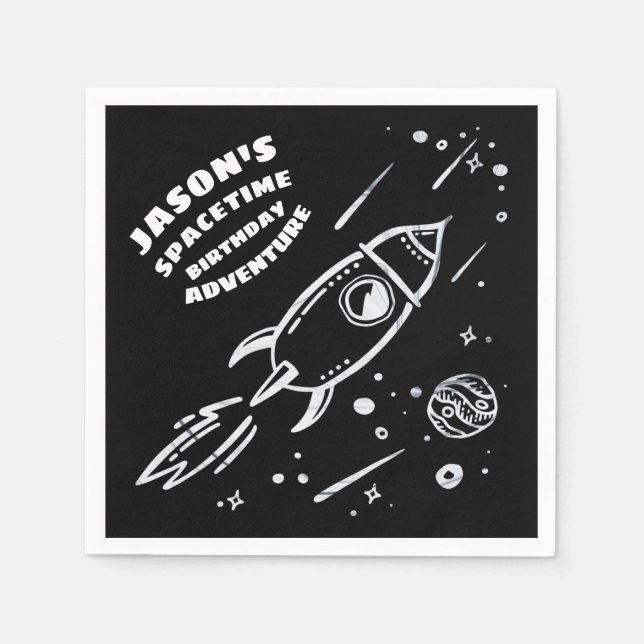 Black White Rymden Astronaut Birthday Napkin Pappersservett (Framsidan)